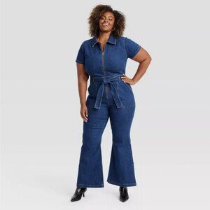 Women's Short Sleeve Denim Jumpsuit - Ava & Viv Dark Wash 24